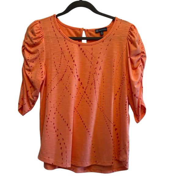 DEMOCRACY Abstract Design Puff & Ruched Sleeve Top Orange Medium - Picture 1 of 7